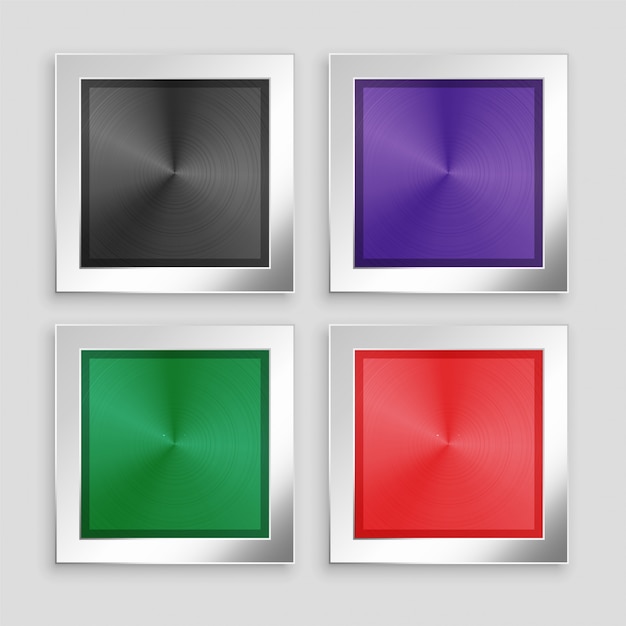 Quatro botões metálicos escovados em cores diferentes