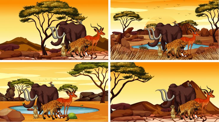Vetor grátis quatro cenas com animais africanos