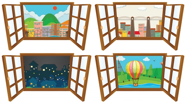 Vetor grátis quatro cenas da ilustração da janela