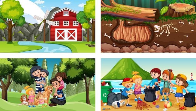 Quatro cenas diferentes com personagens de desenhos animados infantis