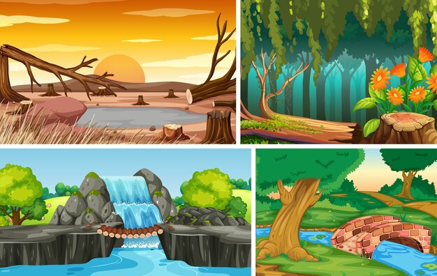 Quatro cenas diferentes da natureza da floresta e do estilo de desenho animado da queda d'água
