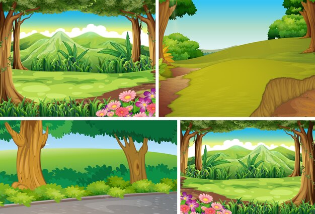 Quatro cenas diferentes da natureza do estilo de desenho animado da floresta