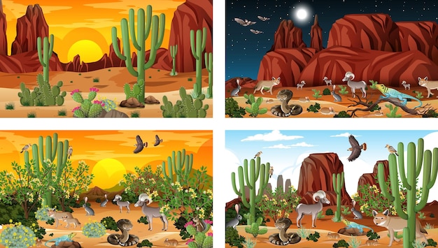 Vetor grátis quatro cenas diferentes da paisagem da floresta do deserto com animais e plantas