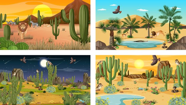 Quatro cenas diferentes da paisagem da floresta do deserto com animais e plantas