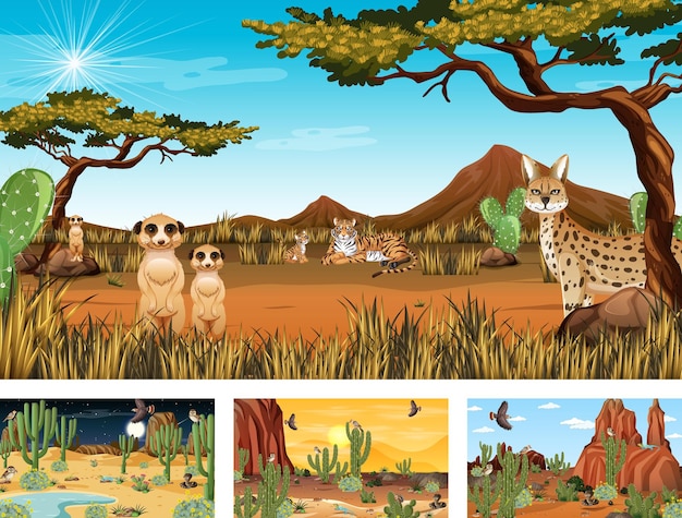 Quatro cenas diferentes da paisagem da floresta do deserto com animais e plantas