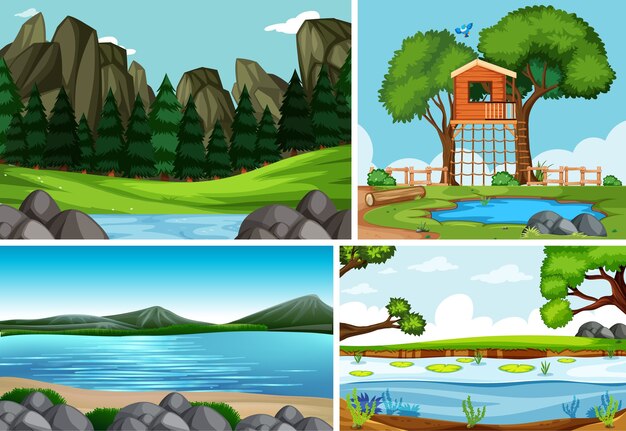 Quatro cenas diferentes no estilo desenho animado da natureza