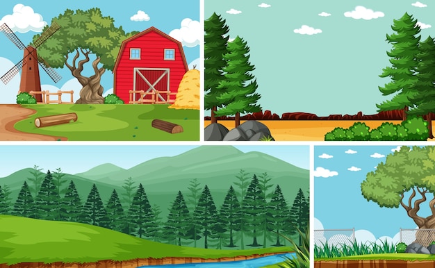 Quatro cenas diferentes no estilo desenho animado da natureza