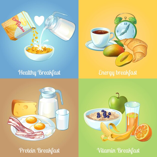 Quatro composições de café da manhã com descrições saudáveis de proteínas e vitaminas de café da manhã