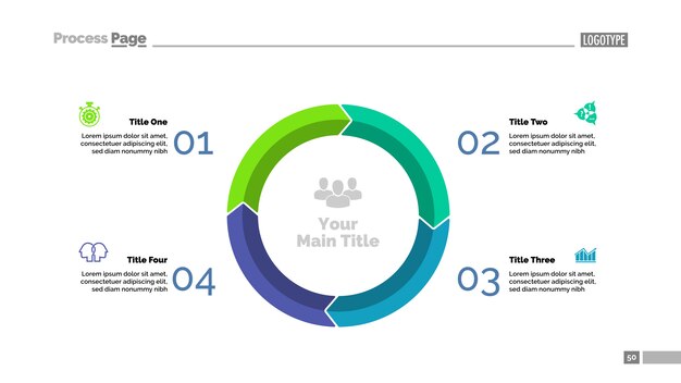 Quatro elementos círculo gráfico slide modelo. Dados da empresa. Gráfico, gráfico