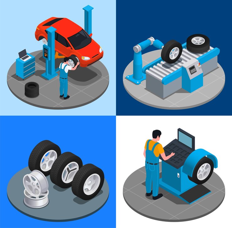 Vetor grátis quatro ícones isométricos de serviço de produção de pneus configuram a instalação de pneus na produção da oficina de reparos na fábrica, diferentes tipos de ajuste de equipamento de pneus por ilustração de engenheiro mecânico
