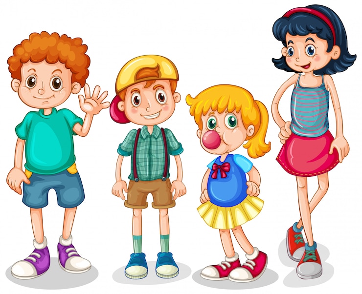 Vetor grátis quatro meninos felizes em pé no fundo branco