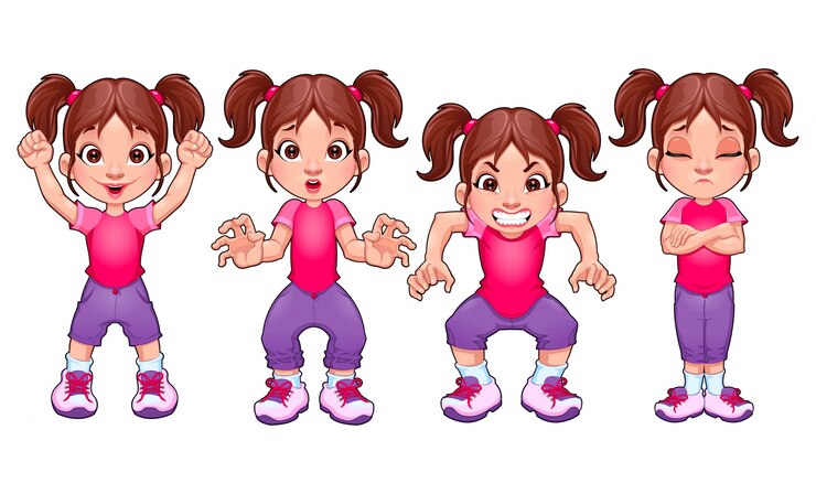 Vetor grátis quatro poses de a mesma garota em diferentes expressões vector cartoon isolado personagens