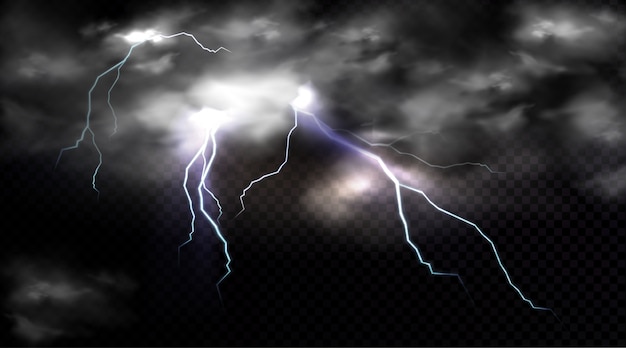 Vetor grátis quedas de relâmpagos e nuvem de tempestade, descarga elétrica e nuvem de tempestade, local de impacto ou flash de energia mágica.