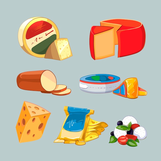 Queijo em embalagem. vetor definido no estilo cartoon. comida de queijo, queijo de leite de produto, ilustração de queijo fresco de café da manhã