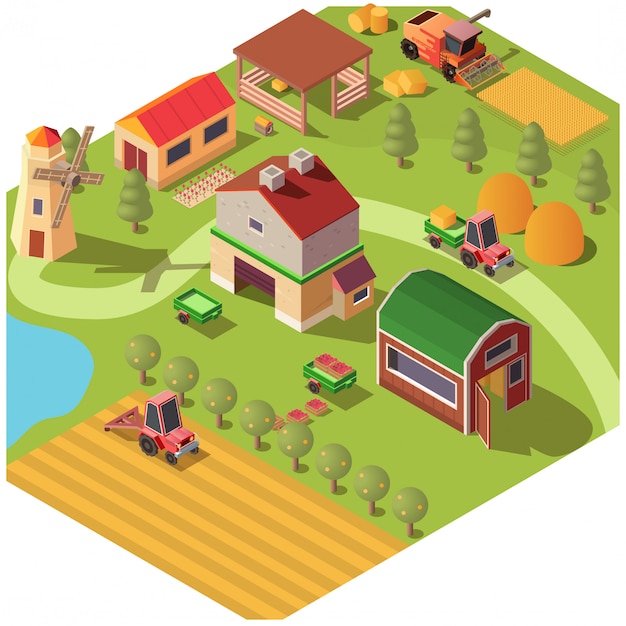 Vetor grátis quintal isométrico de fazenda ou rancho com dependências