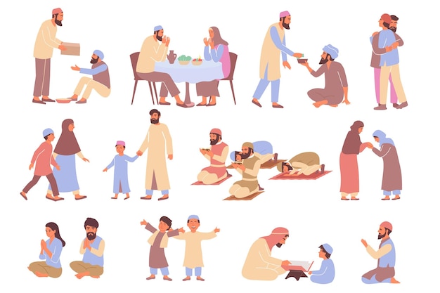 Ramadan conjunto de ícones planos e imagens isoladas de pessoas muçulmanas rezando com ilustração vetorial de imã e crianças