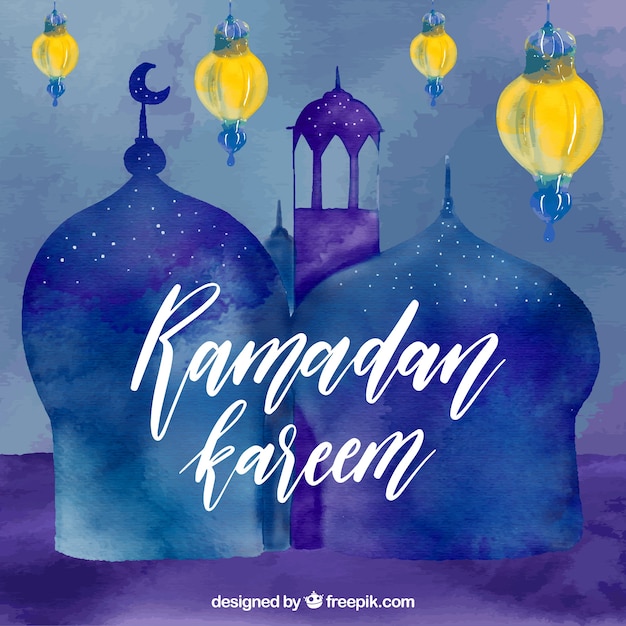 Vetor grátis ramadan, fundo, mesquita, aquarela, lanternas