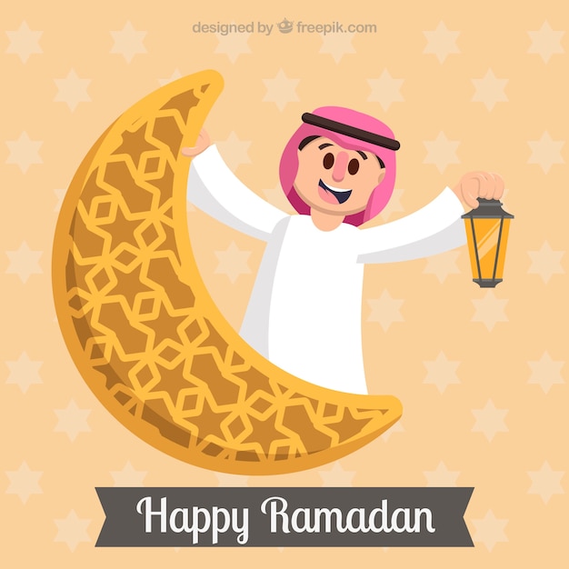 Ramadan, fundo, sorrindo, homem, ornamental, lua