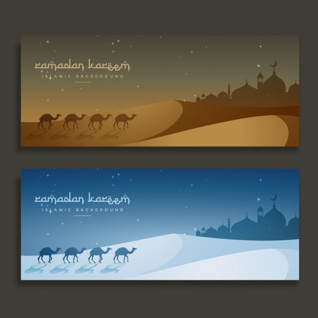 Vetor grátis ramadan kareem banners islâmica com camelos e mesquita