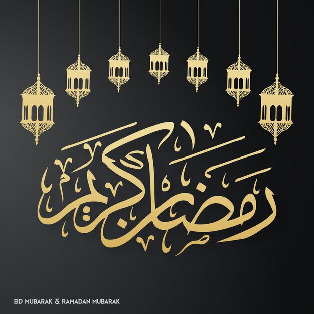 Ramadan Kareem tipografia criativa com lanternas em um fundo preto