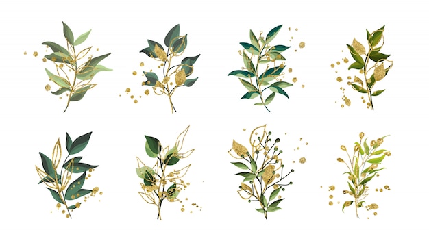 Ramalhete tropical verde do casamento das folhas do ouro com os splatters dourados isolados. Arranjo de ilustração vetorial floral em estilo aquarela. Design de arte botânica