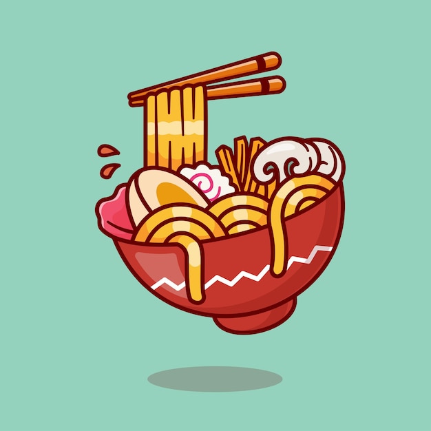 Ramen noodle com cogumelo e chopstick desenho animado vetor ícone ilustração alimento objeto isolado plano