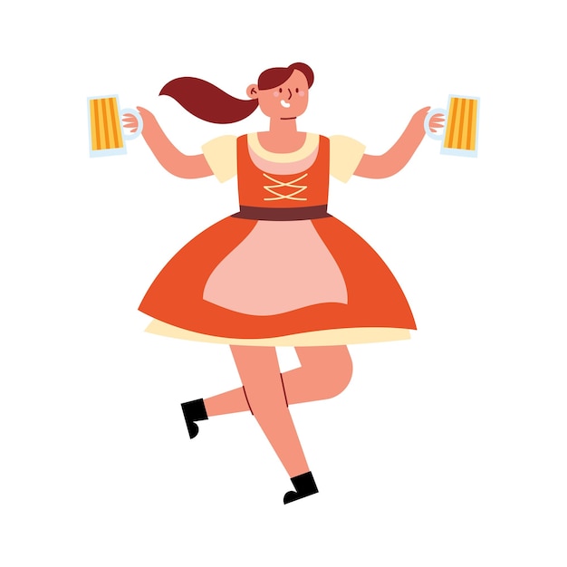 Vetor grátis rapariga alemã com dirndl e copos de cerveja