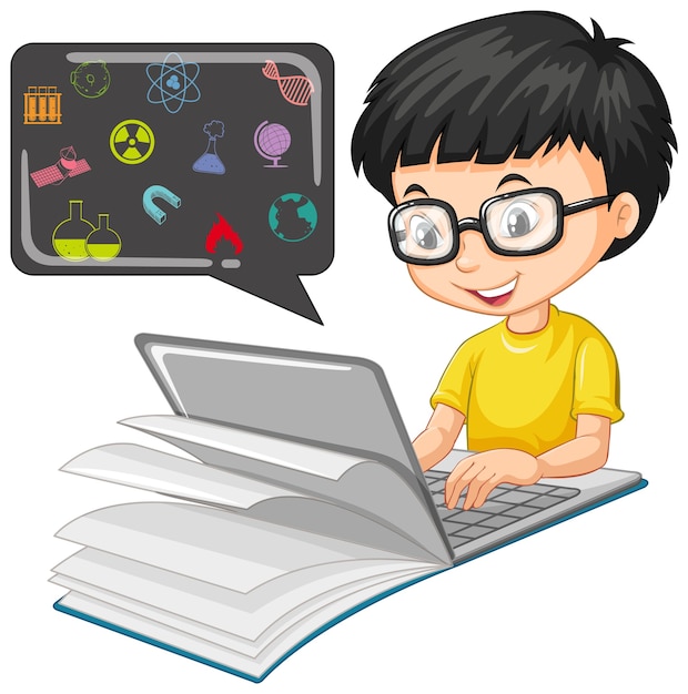 Vetor grátis rapaz pesquisando no laptop com o estilo de desenho animado do ícone de educação isolado no branco