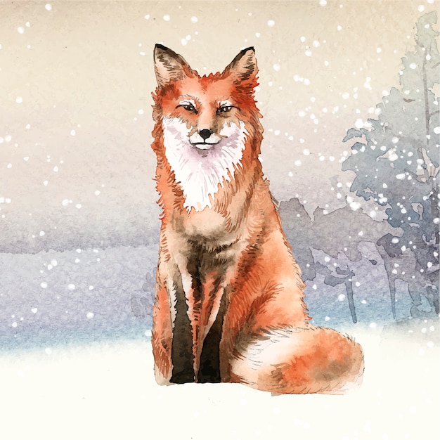 Raposa desenhados à mão no estilo aquarela de neve