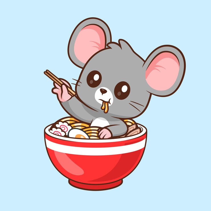 Vetor grátis rato bonito em macarrão ramen com palitos de desenho animado ícone vetorial ilustração alimentação animal isolada plana