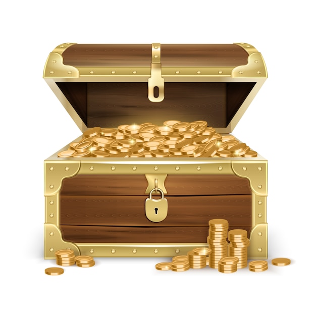 Vetor grátis realista aberto velho baú de madeira com moedas de ouro e bloqueio em branco isolado