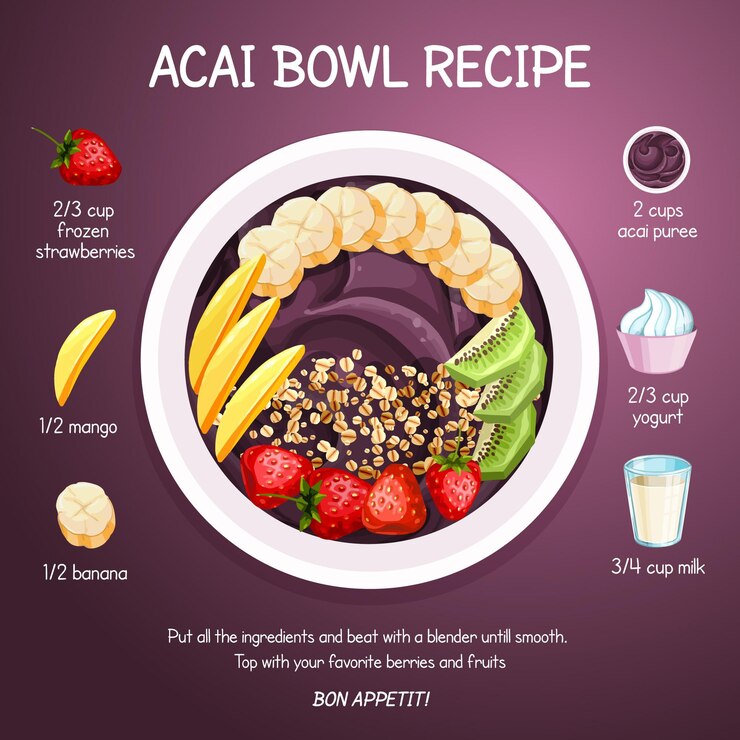 Vetor grátis receita de tigela de açaí ilustrada