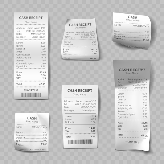 Recibo de loja realista, contas de pagamento em papel