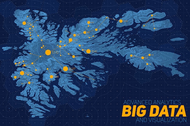 Rede de big data sobre o mapa. visualização gráfica de dados topográficos complexos. dados abstratos no gráfico de elevação. imagem colorida de dados geográficos.