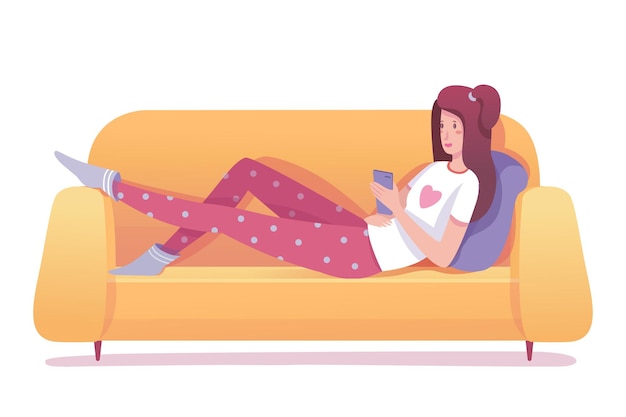 Vetor grátis rede de menina adolescente deitada no sofá jovem mulher vestindo pijama conversando rede de mídia social lendo livro on-line visualizando notícias de feed zumbi de smartphone ou viciado digital