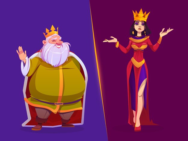 Rei e rainha personagens medievais da família real. Marido e mulher da monarquia em coroas de ouro e roupas de luxo, personagens do reino de contos de fadas, personagens de jogos ou livros de história, ilustração vetorial de desenho animado