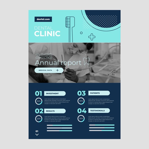 Relatório anual de clínica odontológica de contorno de design plano
