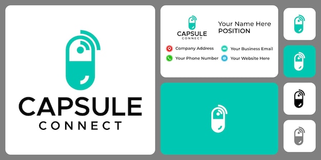 Remédio cápsula e design de logotipo de conexão sem fio com modelo de cartão de visita
