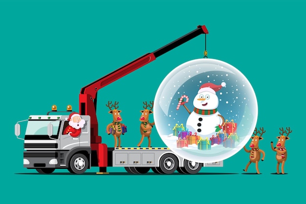 Rena e papai noel trazem uma bola de cristal gigante e um boneco de neve dentro do caminhão para o destinatário