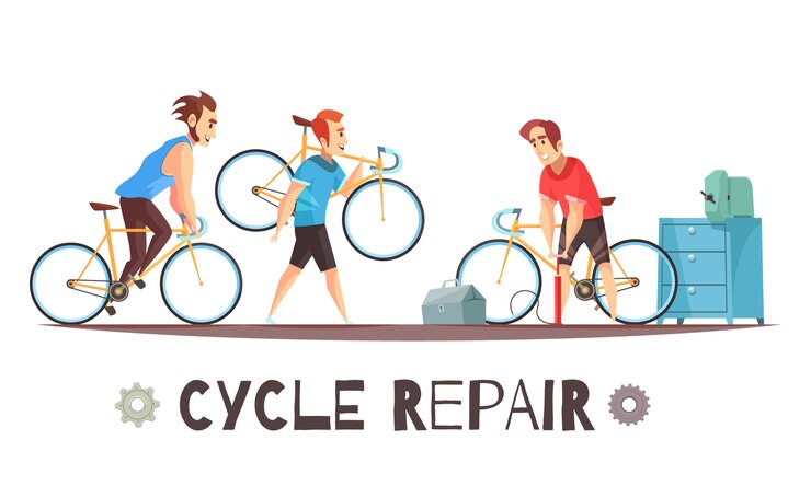 Vetor grátis reparação de bicicleta mecânico cartoon composição