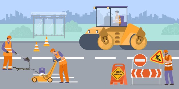 Reparação de estradas fundo plano com brigada de trabalhadores do sexo masculino em forma de estrada fazendo ilustração vetorial de manutenção de asfalto