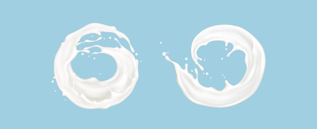 Vetor grátis respingo de onda líquida de círculo de leite com vetor de gota isolado 3d textura de creme de iogurte branco fluxo de agitação de loção fluida para marca de produto fluxo cremoso realista definido com respingos moldura redonda de milkshake