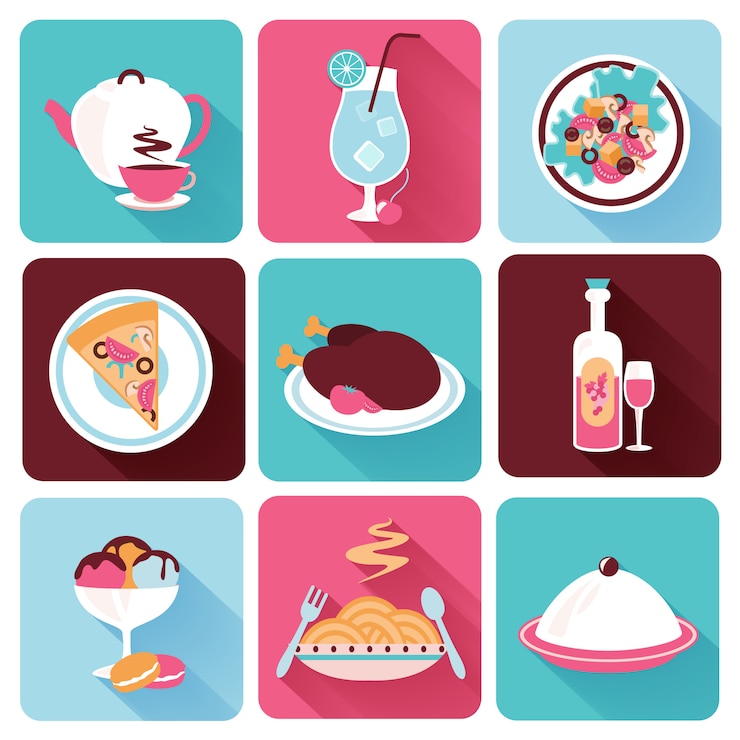 Vetor grátis restaurant food icons flat