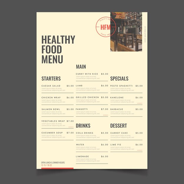 Restaurante comida saudável menu estilo vintage