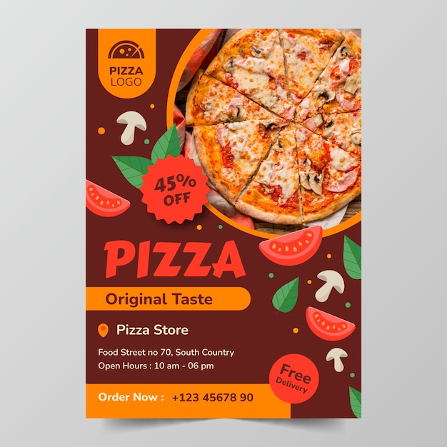 Vetor grátis restaurante de cartaz de pizza desenhado à mão
