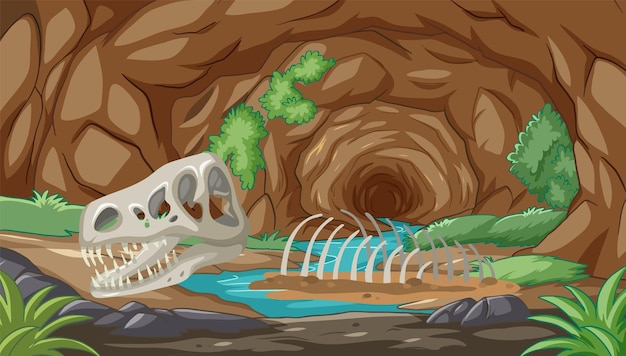 Vetor grátis restos de um antigo dinossauro em uma caverna