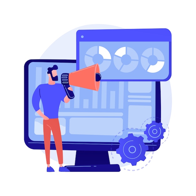 Resultados da pesquisa na Internet. Pesquisa de marketing, análise de relatórios, questionário. Personagem de desenho animado do comerciante com megafone. Ilustração do conceito de infográficos na tela do monitor