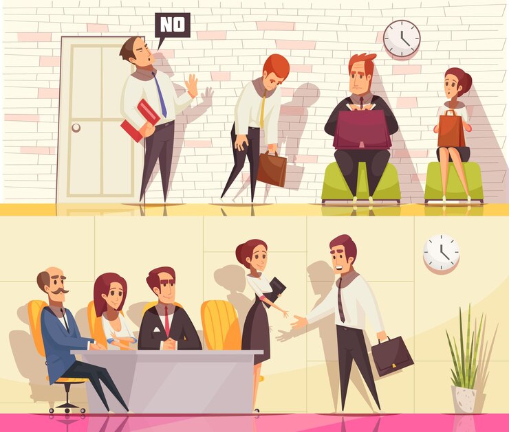 Vetor grátis retomar o recrutamento de coleção de banners horizontais com caracteres humanos planos durante a entrevista de emprego com elementos interiores internos