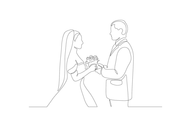 Retrato de desenho de linha contínua de ilustração vetorial de casal de noivos românticos vetor premium