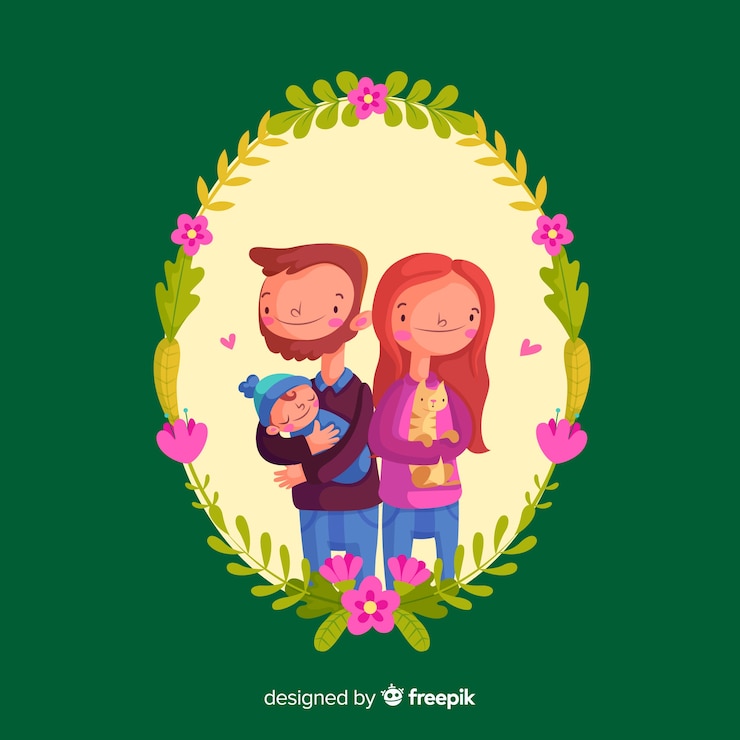 Vetor grátis retrato de família desenhada de mão com moldura floral